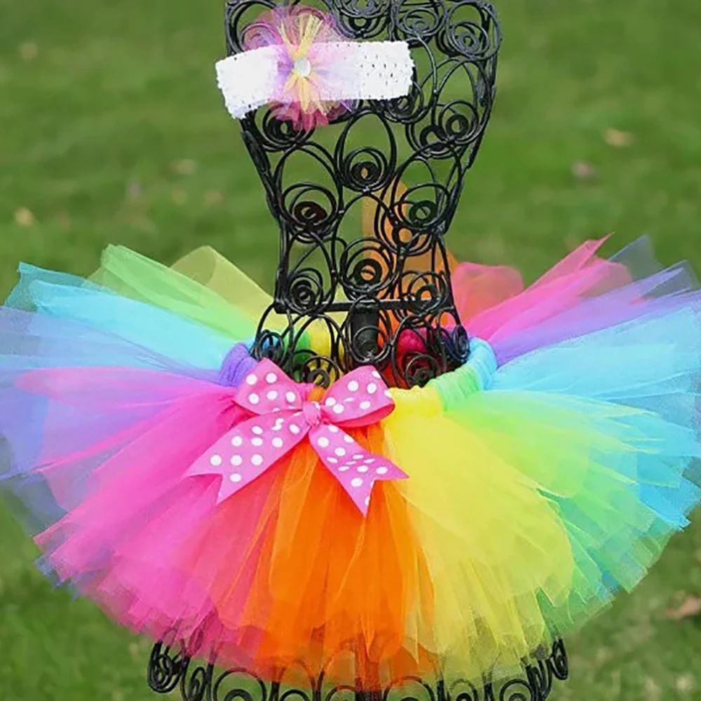 Dziewczęce tęczowe spódniczki tutu, puszyste tiulowe halki z kokardką do włosów, stroje na urodziny, Halloween, Boże Narodzenie dla dzieci, spódnice, ubrania.