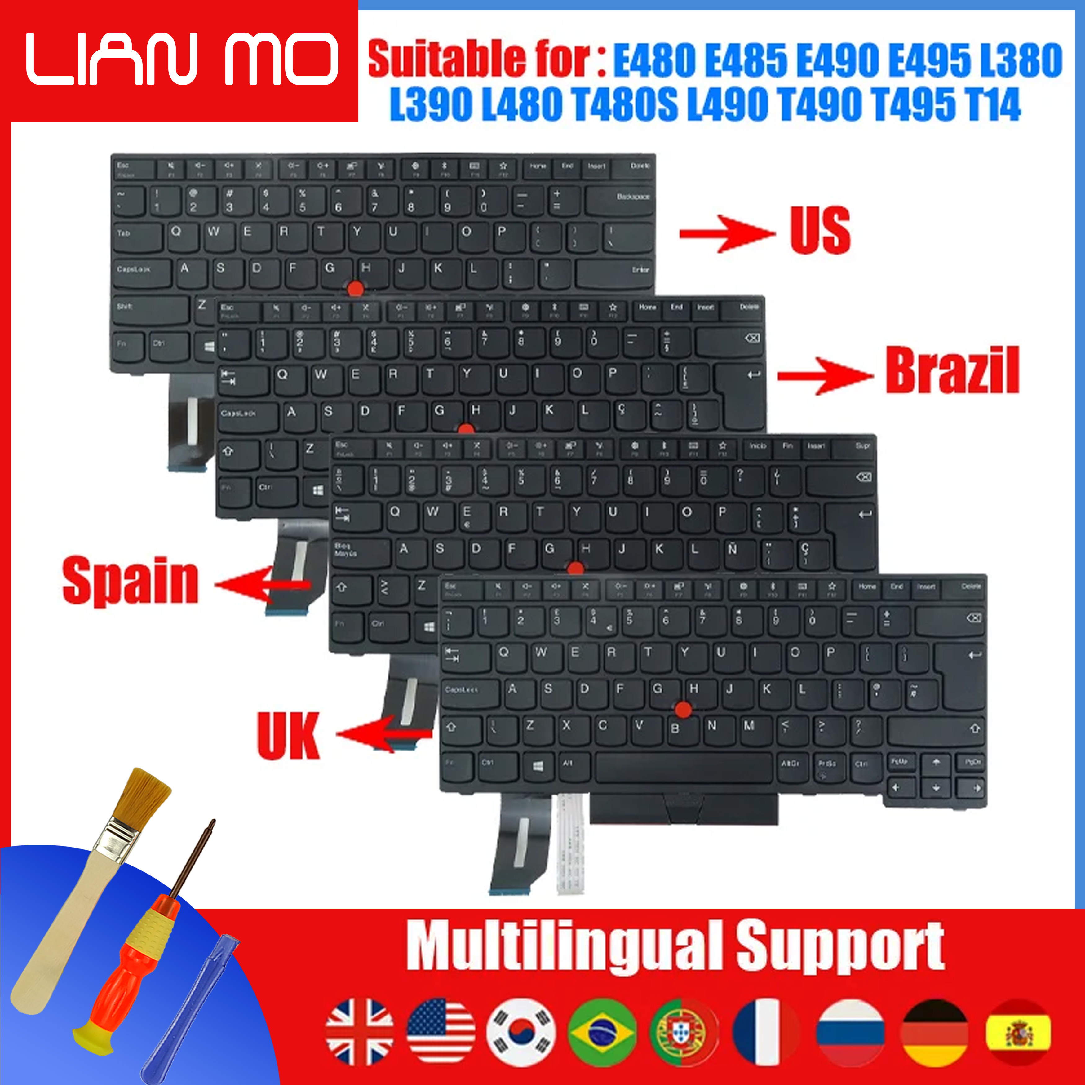 Per Lenovo E480 E485 E490 L380 L390 T480S T490 T495 R480 Tastiera US/UK/Spagnolo/Brasile/Russo/Portugal/Coreano/Tedesco/Hebrew