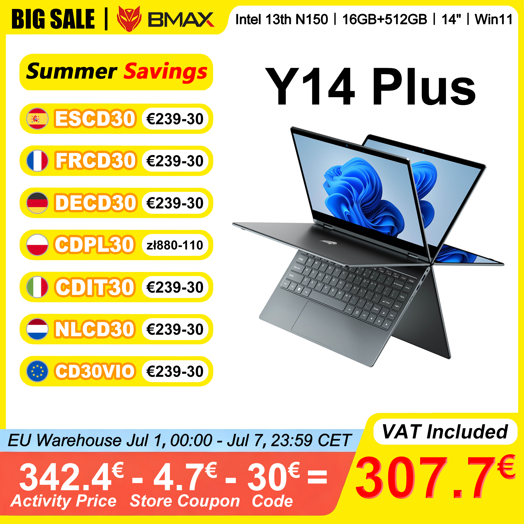Laptop BMAX Y14 Plus 14 cali z ekranem dotykowym, 16 GB RAM, 512 GB SSD, Intel N150, 1920*1080 IPS, 360 stopni ° Przejściwalny z laptopa na tablet Notebook Windows 11