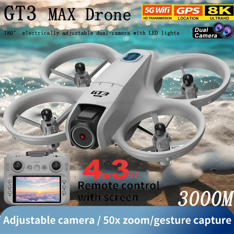 Drone GT3 8K HD double caméra 180 °   5G WIFI GPS moteur sans brosse FPV évitement d'obstacles quadrirotor pliable avec jouet télécommandé