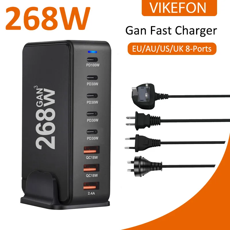 GAN-cargador de viaje multipuerto de 268W/240W, dispositivo con adaptador de corriente PD, nitruro de gallio, USB tipo C, para oficina y hogar, novedad