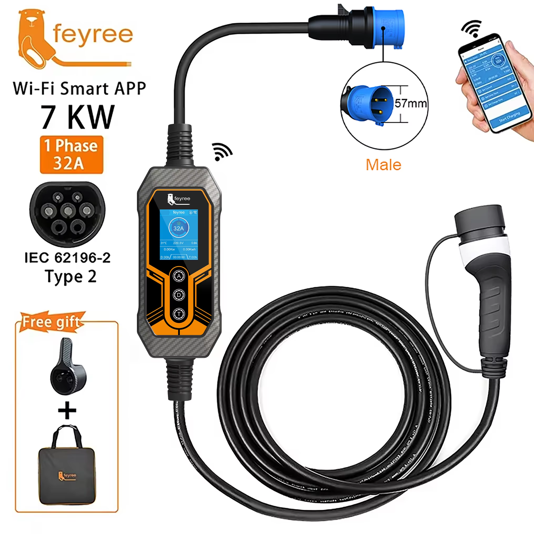 Pengisi Daya EV Portabel Feyree Tipe2 32A 7kW EVSE Kontrol Wi-Fi APP Arus Dapat Diatur Pengisian Waktu Cerdas untuk Penggunaan di Rumah & Luar Ruangan