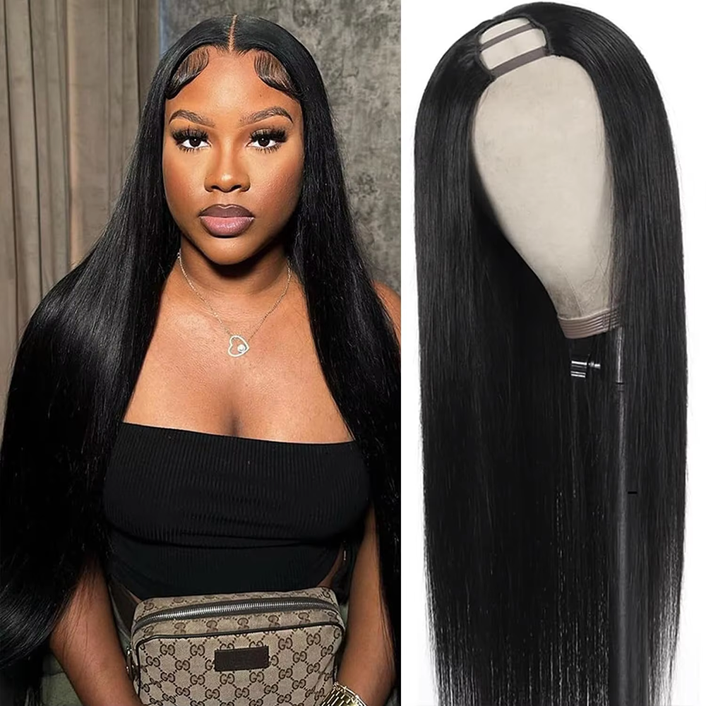 U Part Wigs Human Hair Straight Human Hair Wigs No Leave Out No Sew-In Glueless 220 Density Natural Black Beginner Friendly