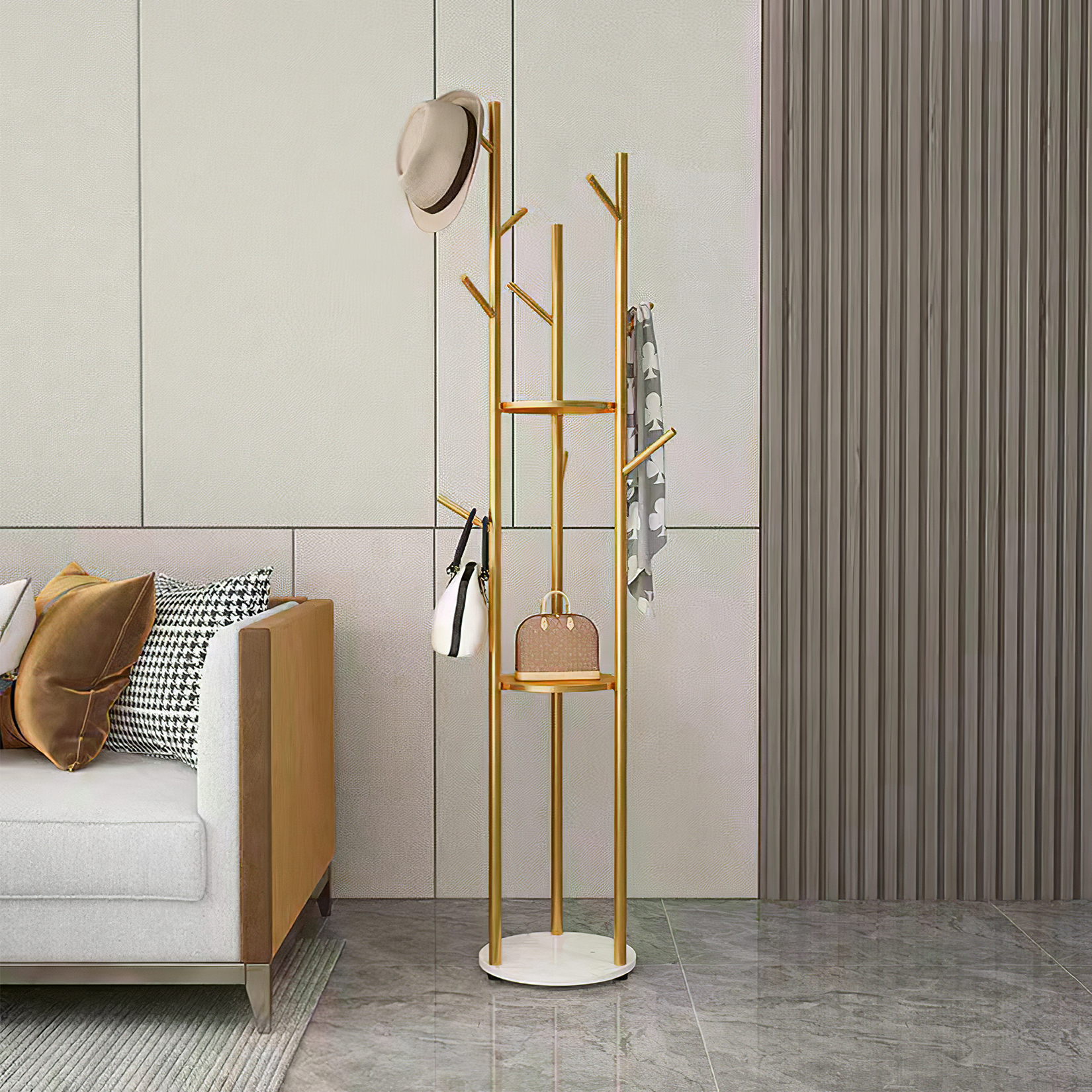 Metal Gold Coat Rack Stand with Marble Shelf Hall Tree Organizer Hanger for Entryway Decorative Storage