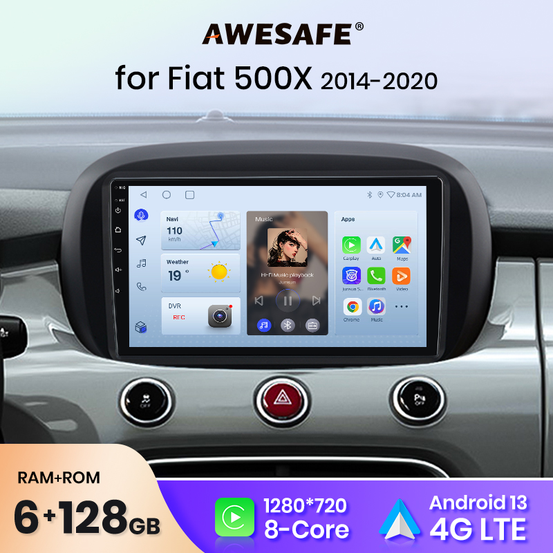 วิทยุติดรถยนต์ AWESAFE รองรับ Wireless CarPlay และ Android Auto สำหรับรถยนต์ Fiat 500X ปี 2014 2015 2016-2020 พร้อมระบบนำทาง GPS, ควบคุมพวงมาลัย, FM, Bluetooth, ระบบเสียงสเตอริโอ DSP แบบเสียบใช้งานได้ทันที ﻿