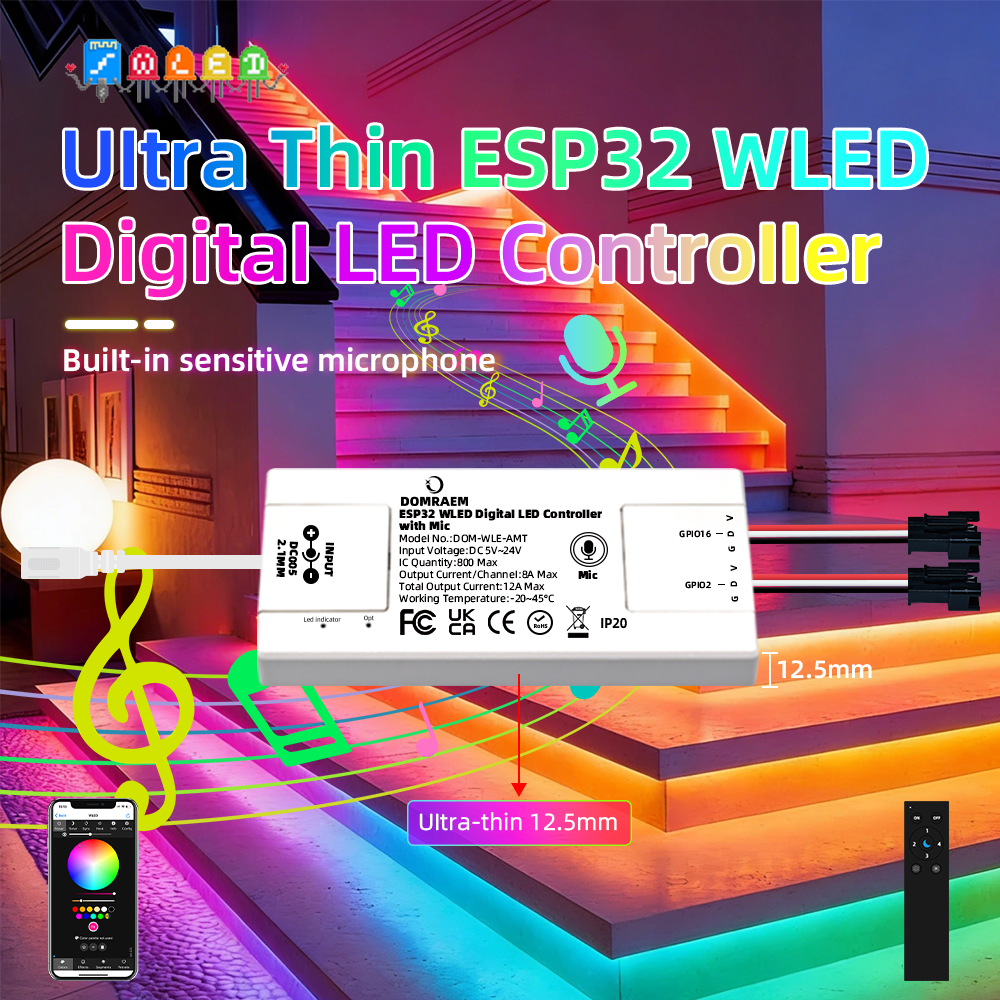 DOMRAEM ESP32 Ultra-Dünner Musik-WLED-Controller Adressierbarer 2-Kanal WS2811/2812/2812B/2813/2814/2815/2805/SK6812/APA102 RGB IC Streifen-Controller