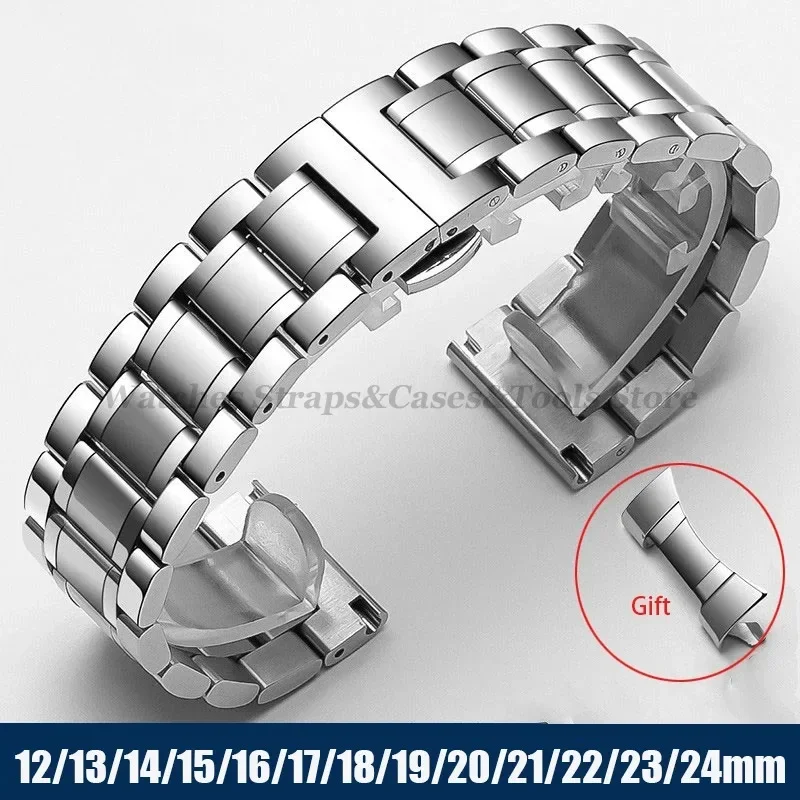 Correa Universal de acero inoxidable sólido con extremo curvado, correas de reloj de 12/13/14/15/16/17/18/19/20/21/22/23/24mm para cierre de mariposa Tissot