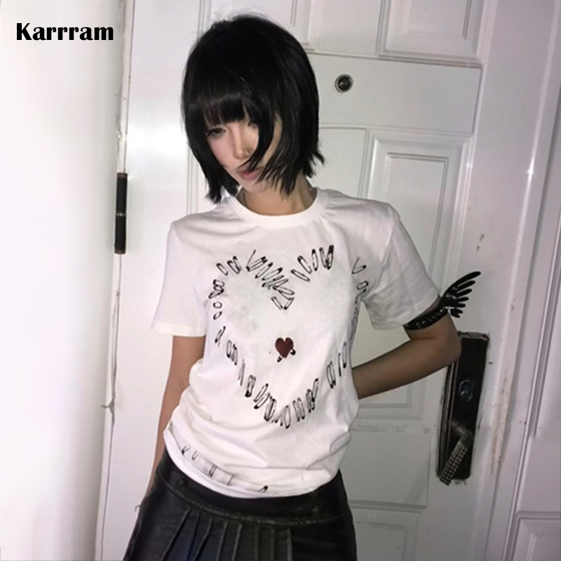 Karrram-Camiseta japonesa Y2k con estampado de corazón, camiseta de manga corta estilo Trashy 2000s, ropa de calle Vintage Harajuku, estética Grunge