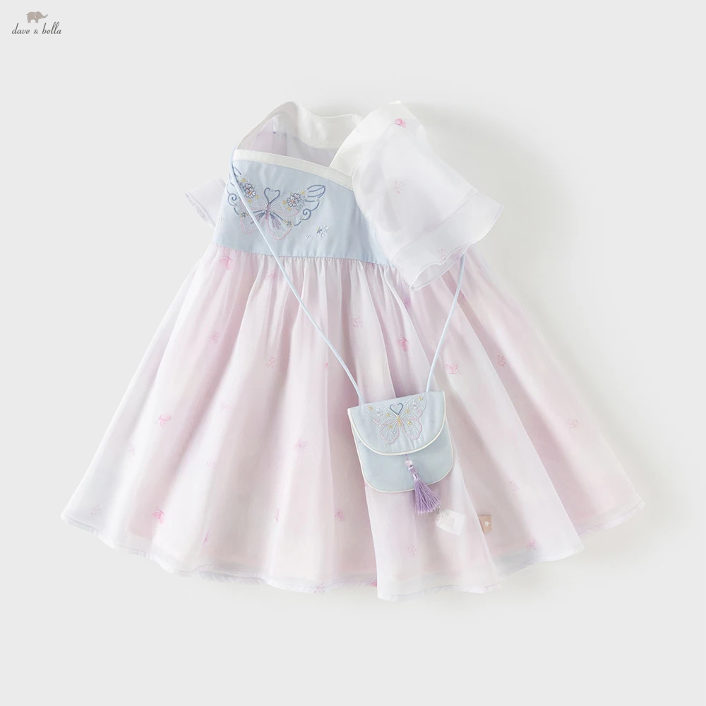Dave Bella Kinderen Borduren Zomerjurken Meisjes Mesh Jurk met Tas Chinese Stijl Elegante Feestkleding voor kinderen DB2261638