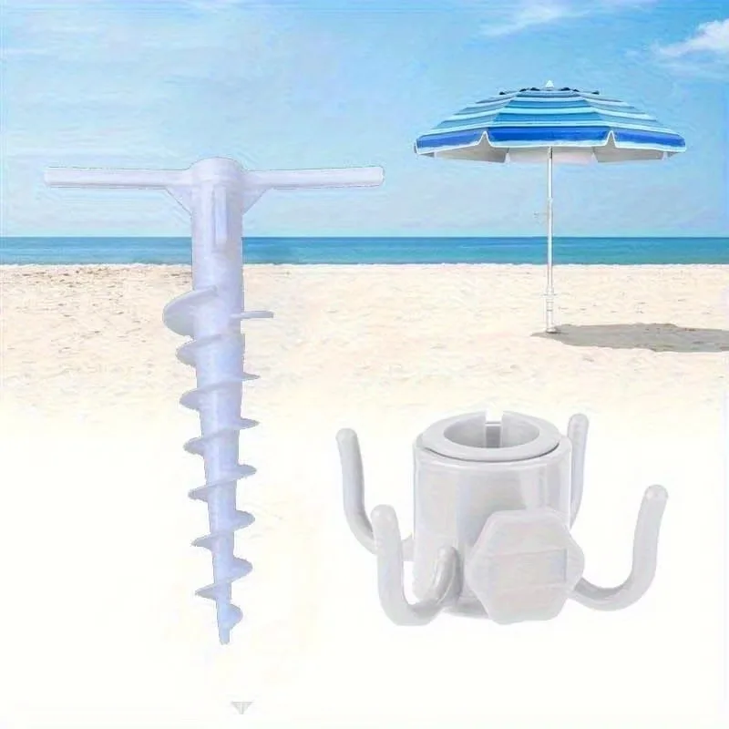5 Spiral Screw In Sand Anchor, Beach Umbrella Ground Stake with 2 Hooks, Outdoor Patio Umbrella Accessories Set