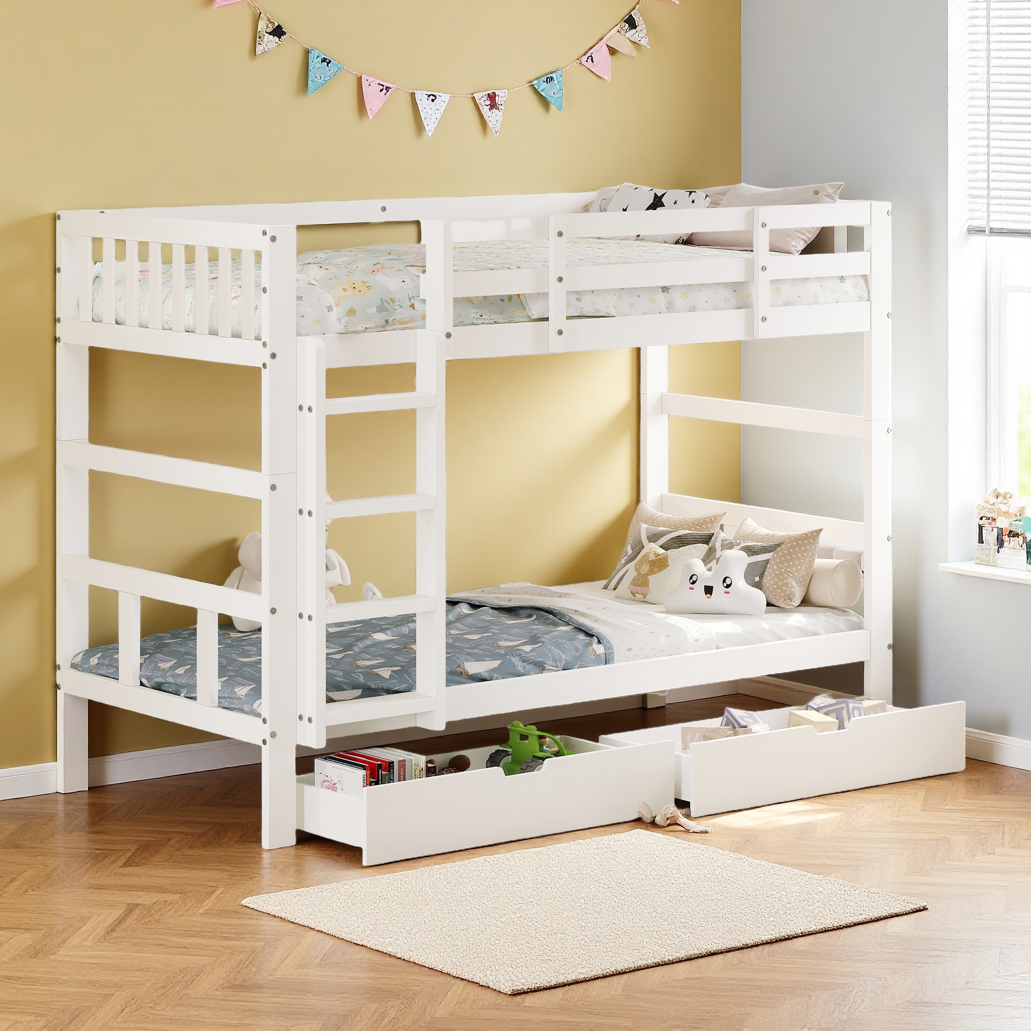Lit superposé convertible en bois Comanlai avec 2 tiroirs de rangement, transformable en deux lits de 90x200cm pour chambre d'enfant