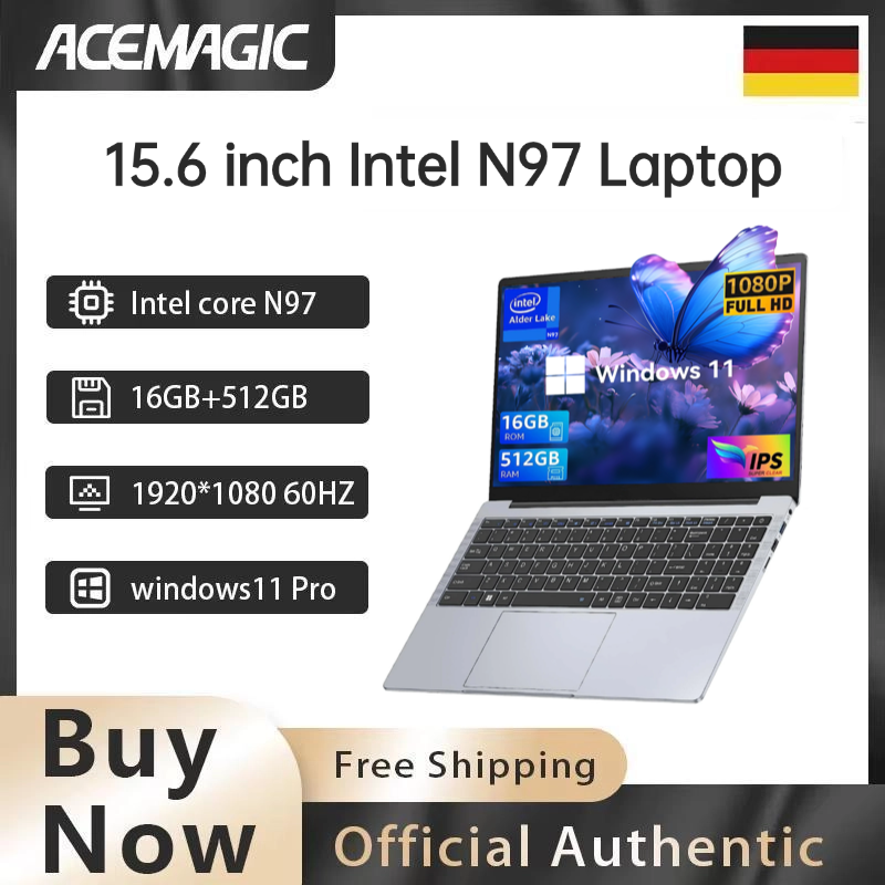 ACEMAGIC Portátil Intel N97 de 15.6 pulgadas, 16GB DDR4 RAM, 512GB SSD, Portátil Empresarial Ligero, Windows 11 Pro, Ordenadores Portátiles
