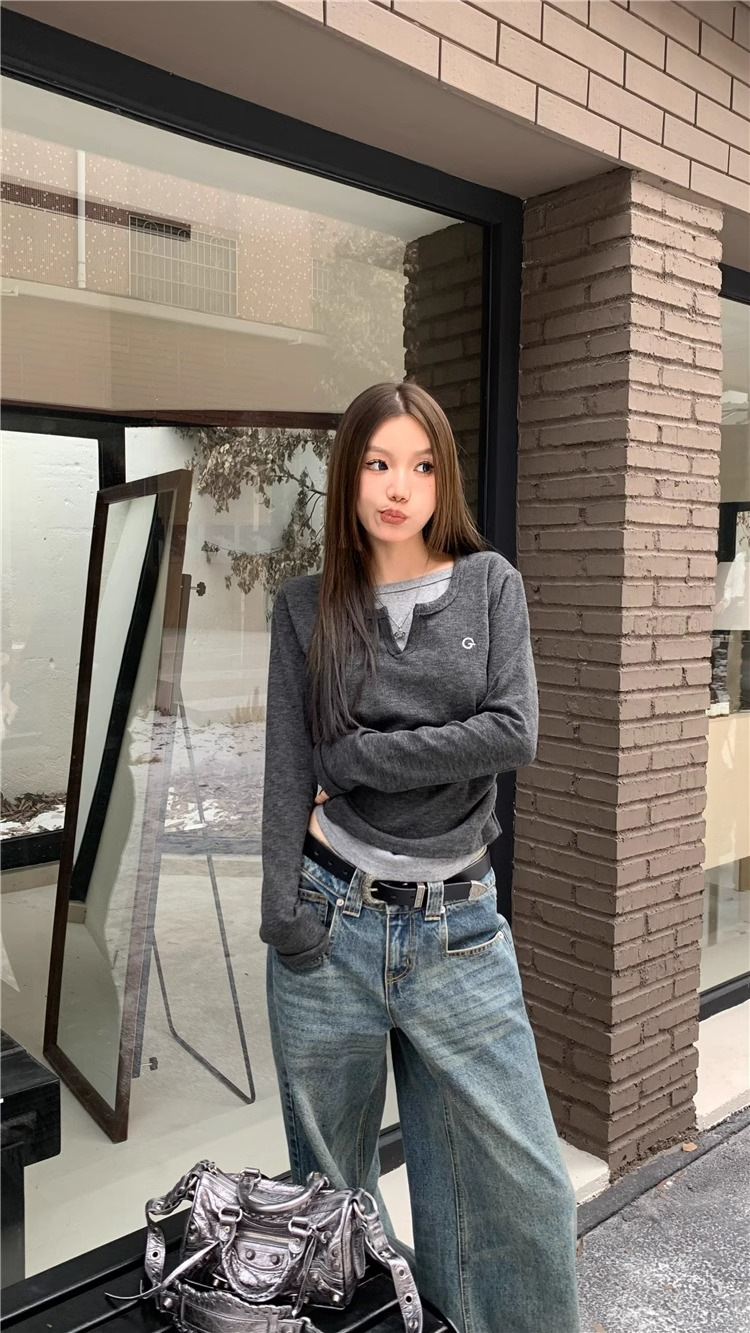 レディース Tシャツ フェイク ツーピース 長袖 Tシャツ 秋冬用 スリムフィット 痩身ボトムトップ レトロボトムトップ