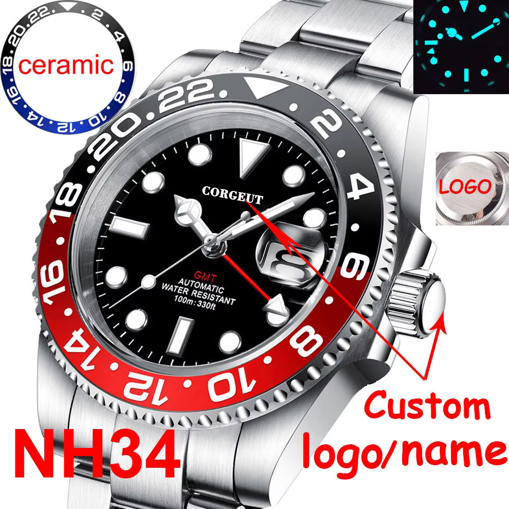 Logotipo personalizado gmt relógios masculino de luxo automático relógio de pulso mecânico vidro safira 40mm aço inoxidável à prova dwaterproof água