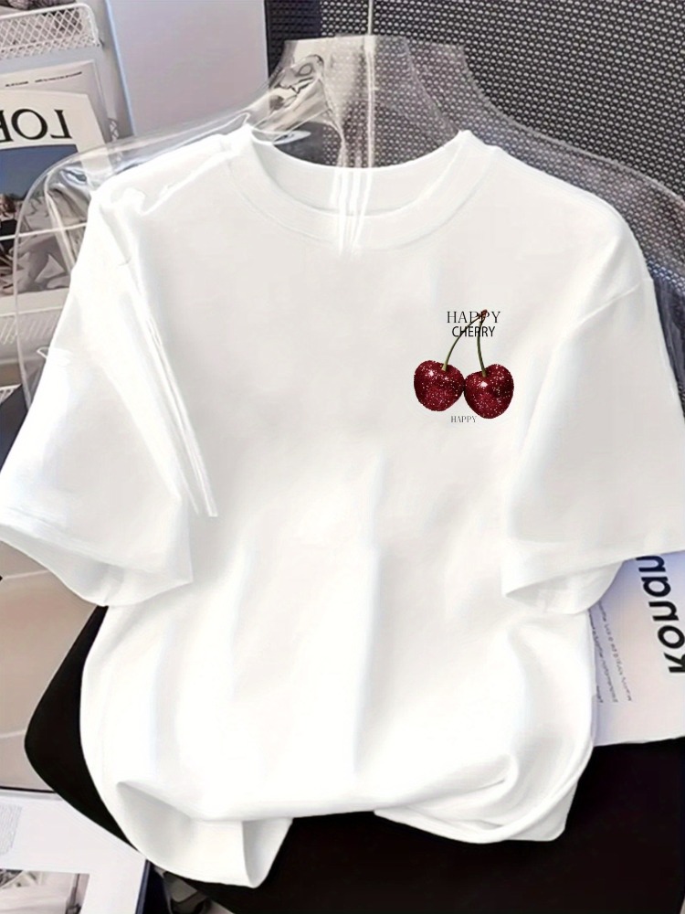 Vorder- und Rückseite bedrucktes Damen-Kurzarm-T-Shirt HAPPY CHERRY Frühling/Sommer/Herbst Trendiges bedrucktes T-Shirt Ihre beste Wahl