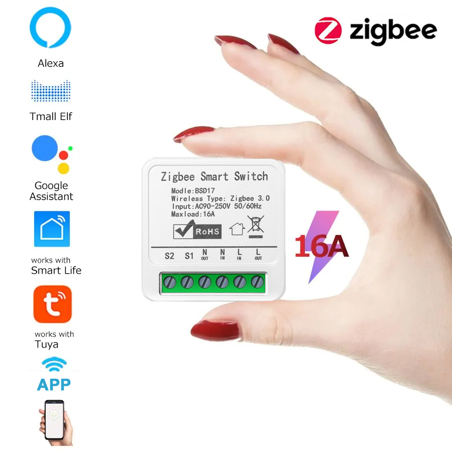 Interruptor Zigbee de 16A, interruptor de luz de automatización del hogar inteligente Tuya, módulo de relé de interruptor DIY, temporizador de aplicación Smart Life funciona con Alexa y Google