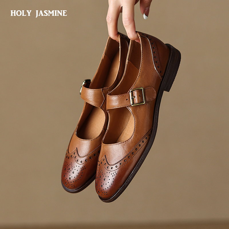 2026 Spring Women Pumps Genuine Leather Shoes for Women Round Toe Chunky Heel Shoes Shallow Low-heel Mary Janes Handmade Shoes