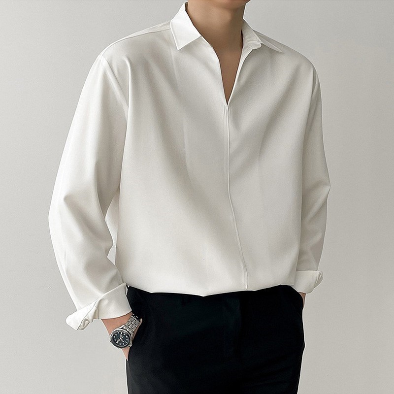 Neue Koreanische V-ausschnitt Männer Shirts Luxus Casual Hängenden Stil Schlank Einfarbig Langarm Pullover Bluse Hohe Qualität Herbst Tops