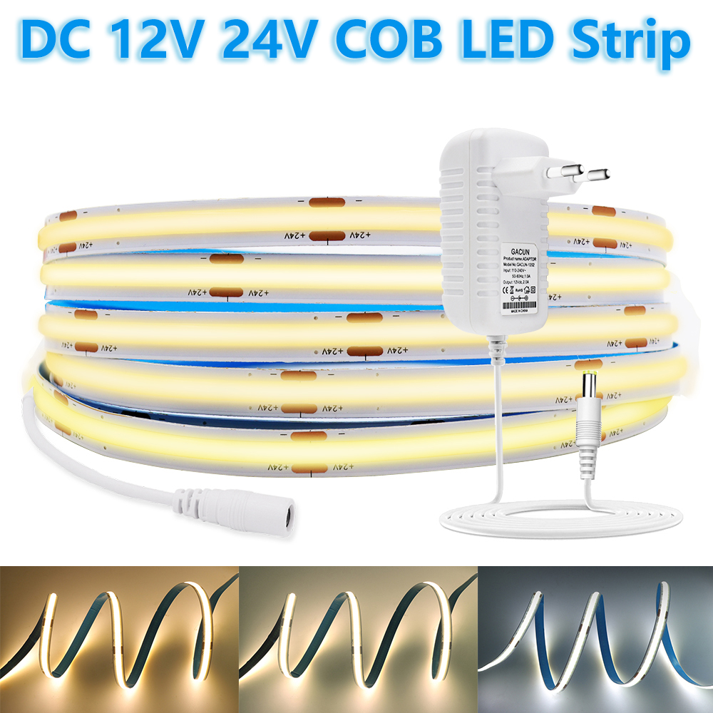 Striscia LED COB 12V 24V 320LED/m Nastro lineare Larghezza 8mm Striscia luminosa a LED adesiva flessibile con alimentatore 5m 10m