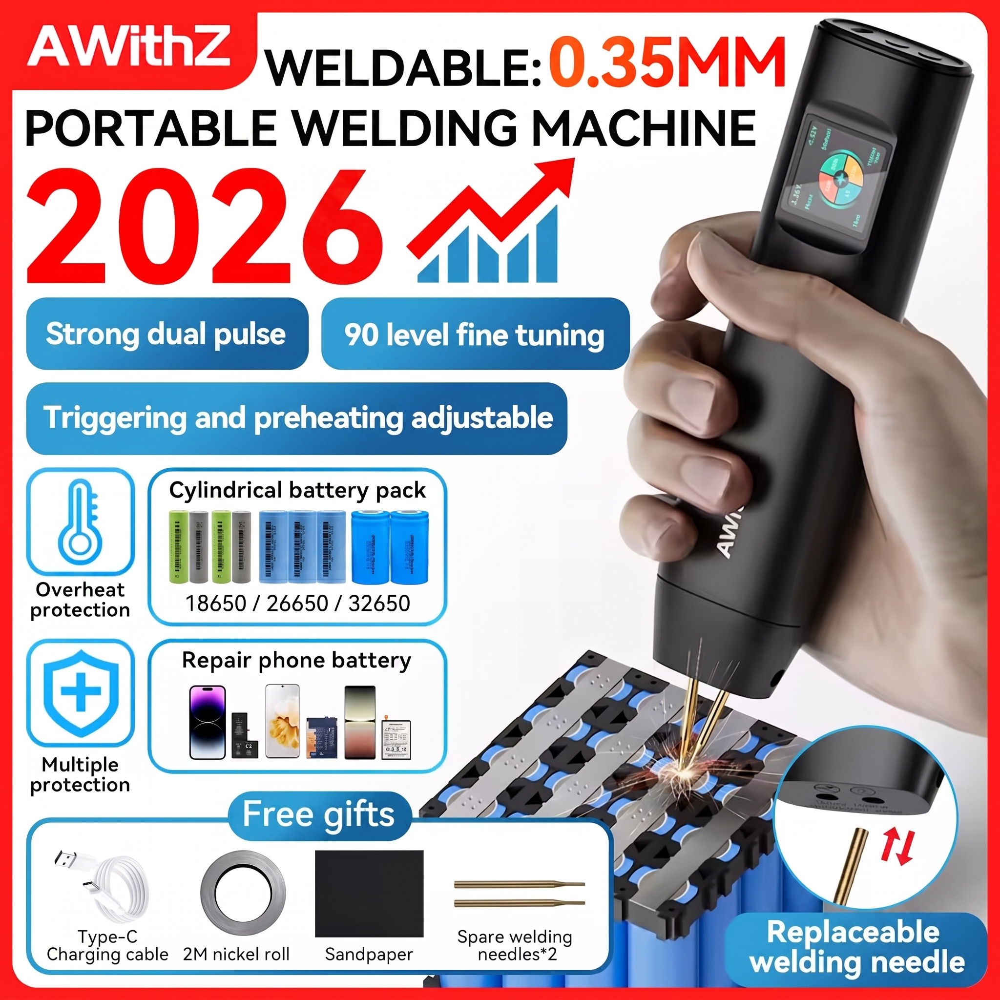 AWithZ przenośna zgrzewarka punktowa DIY ręczna zgrzewarka punktowa 90 biegów regulowane zgrzewanie punktowe do baterii litowej 18650