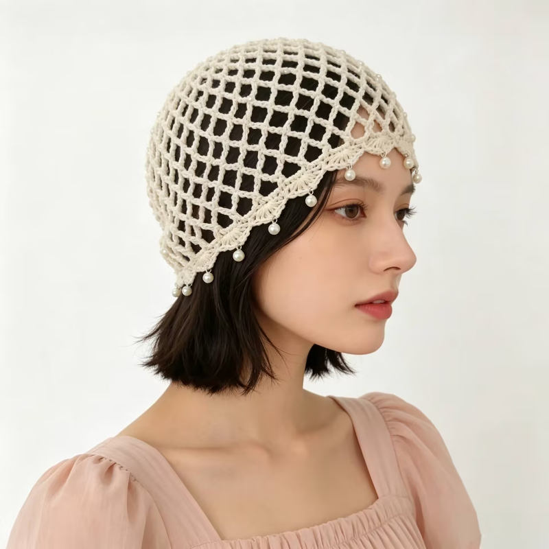 Damski cekinowy ażurowy kapelusz z perłowymi frędzlami, elegancki kapelusz typu pulower, vintage kapelusz bez ronda, modna oddychająca czapka na lato w stylu koreańskim.