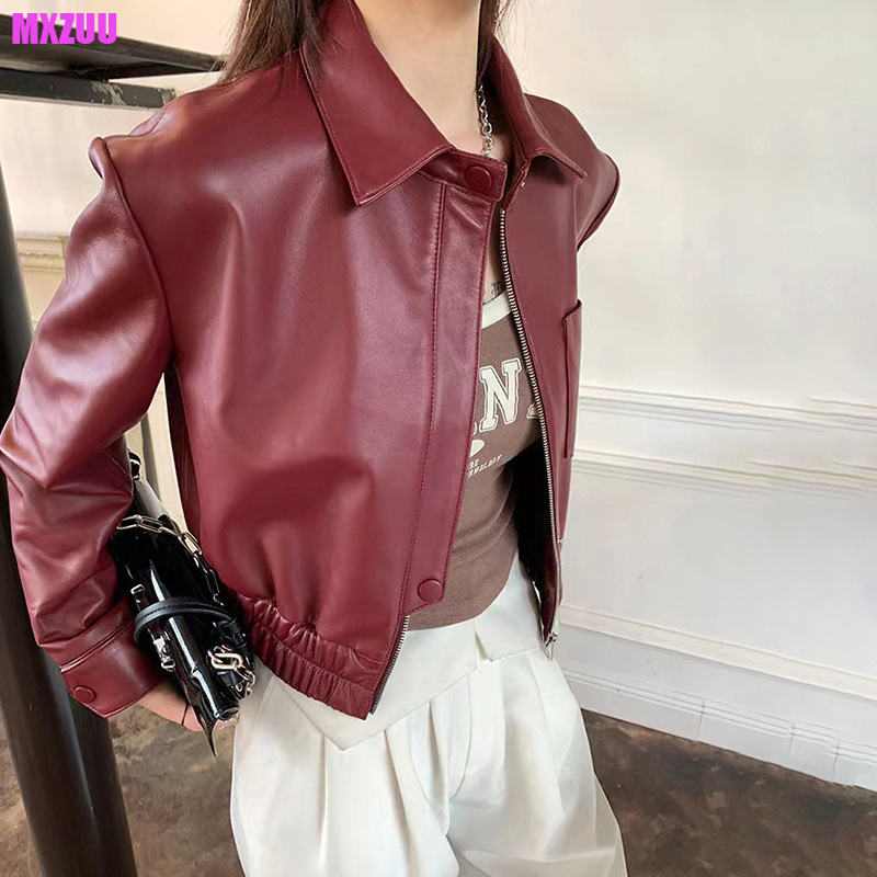 Chaqueta De piel De oveja auténtica para mujer, estilo callejero, longitud De 48cm, solapa, cremallera, dobladillo elástico, color burdeos, corta
