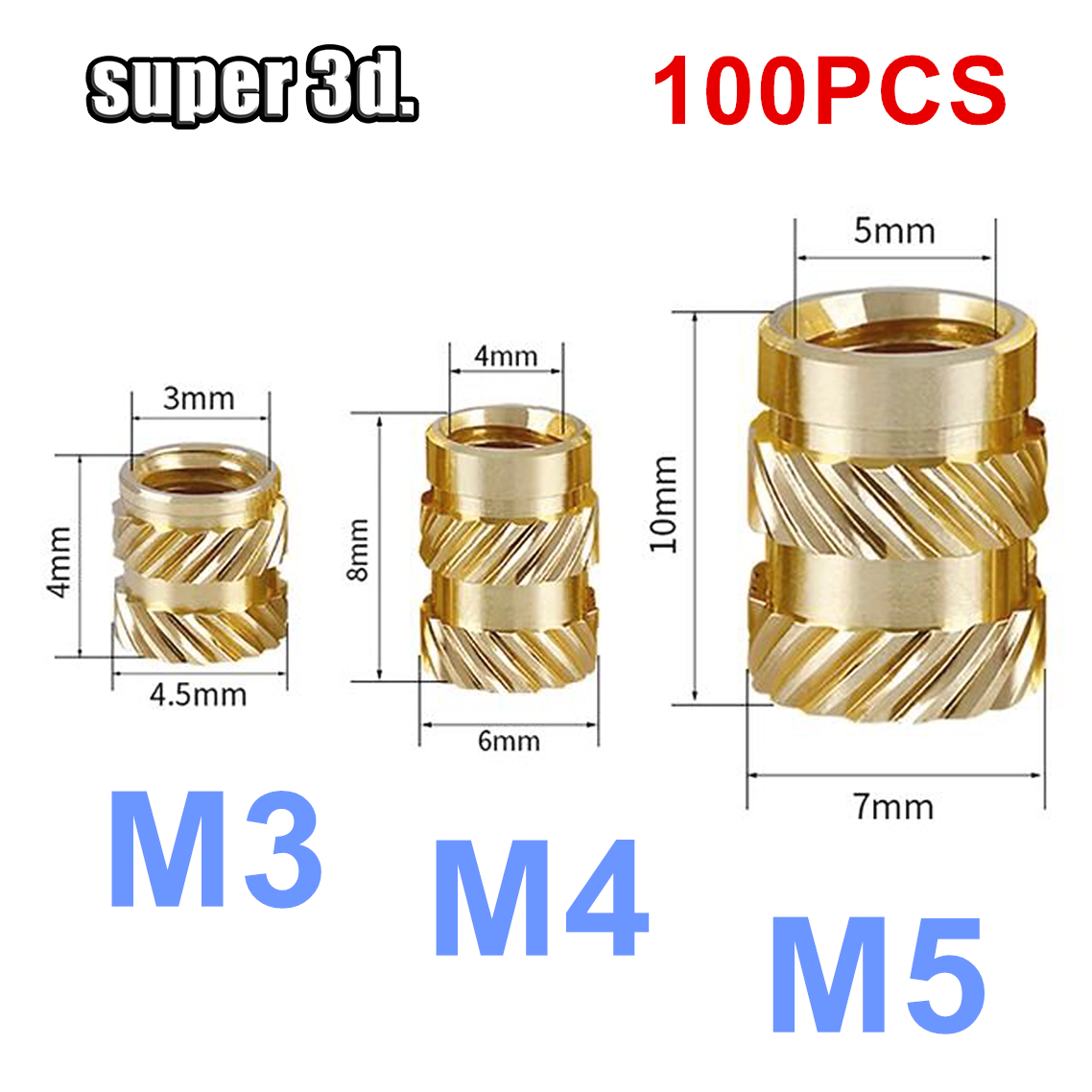 100pcs Nut M3 M4 M5 Thread Knurled Hot Melt Brass Threaded Heat Set Heat Resistant Insert Embedment Nuts for 3D Printer Parts