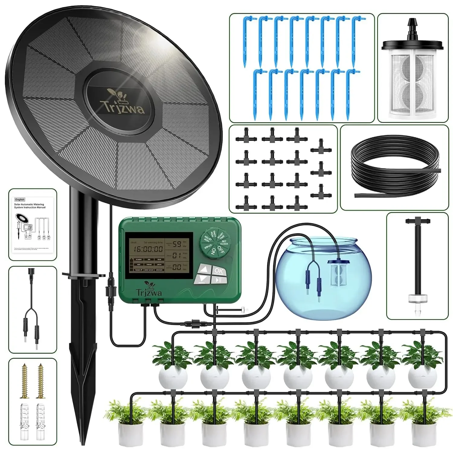 Sistema de irrigação solar, mais recente kit de sistema de irrigação por gotejamento de plantas de jardim com tela de exibição, temporizador de rega diy automático para viagem