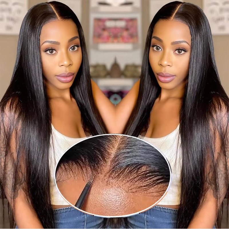 Wear & Go Glueless Echthaarperücken, vorgezupfte brasilianische glatte Lace-Frontal-Echthaarperücken für Frauen, sofort tragbar.