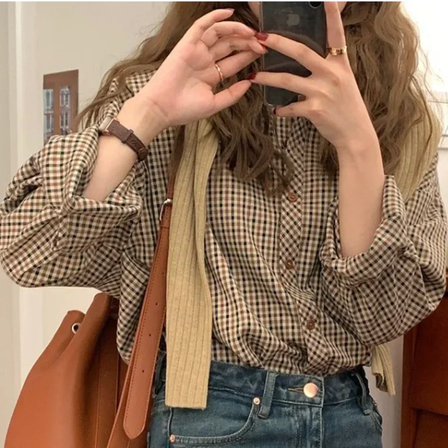 Camisas xadrez femininas retro turn-down colarinho blusas all-match em linha reta estilo hong kong botão acima elegante manga longa outwear femme