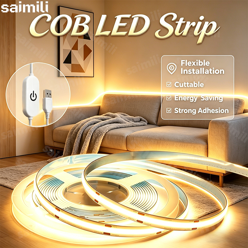 5V COB LED Light Strip USB Bendable Flexible LED strip with Touch Sensor Dimmer for Room TV Backlight Cabinet Adhesive Light