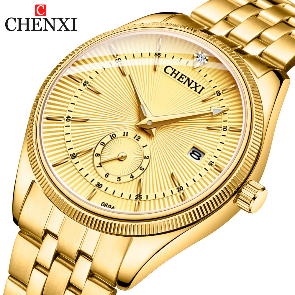Chenxi marca de luxo casual casal relógio dourado aço inoxidável relógio de quartzo para masculino e feminino à prova dwaterproof água relógio de pulso luminoso