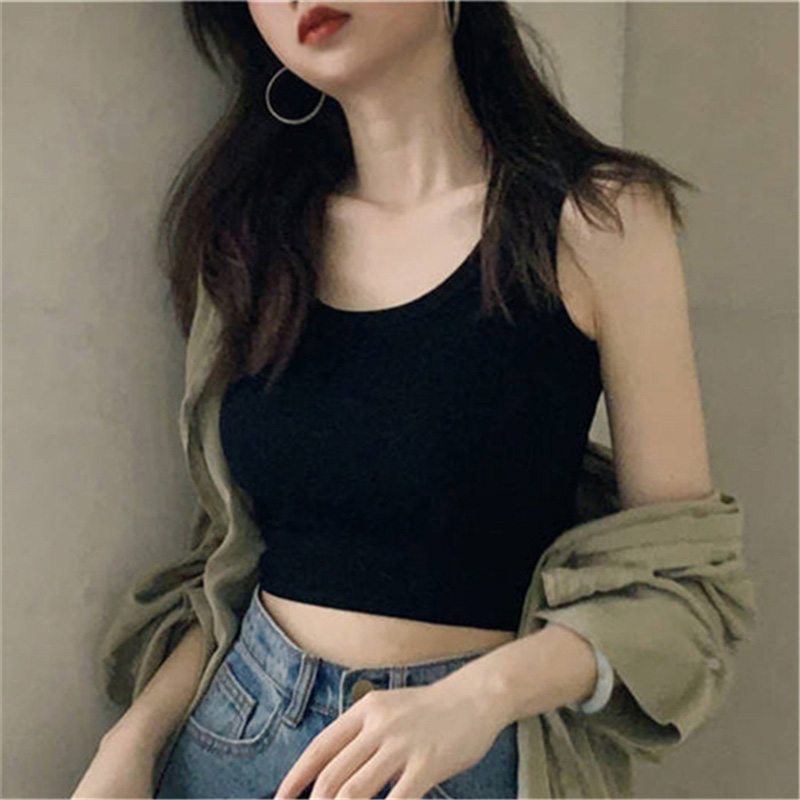 Kaus Wanita Leher Bulat Rajutan Hitam Atasan Kamisol Tanpa Lengan Seksi Atasan Crop Wanita Atasan Tank Ketat Ketat Atasan Kaus Wanita Streetwear