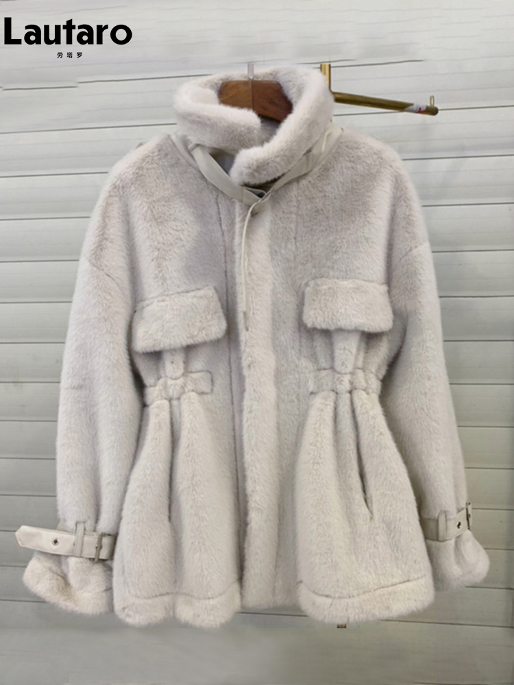 Lautaro-mantel bulu Mink imitasi untuk wanita, lengan panjang, tali ritsleting, jaket berbulu, lembut, hangat, longgar, desainer mewah, musim dingin