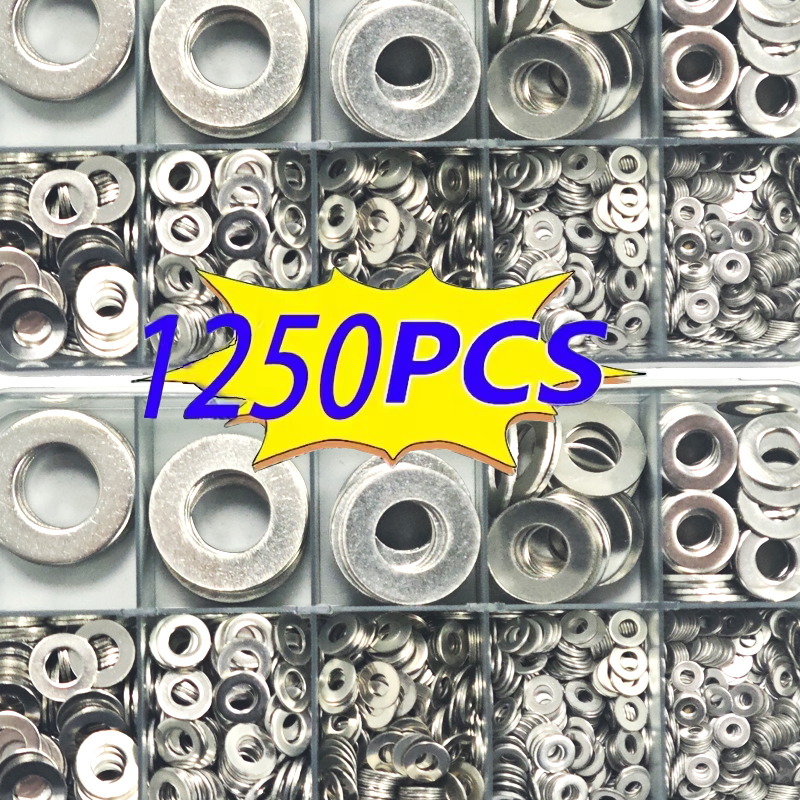 Kit surtido de arandelas planas de acero inoxidable 304 de 1250 Uds. (M2 M2.5 M3m4 M5 M6 M8 M10 M12) adecuado para decoración del hogar