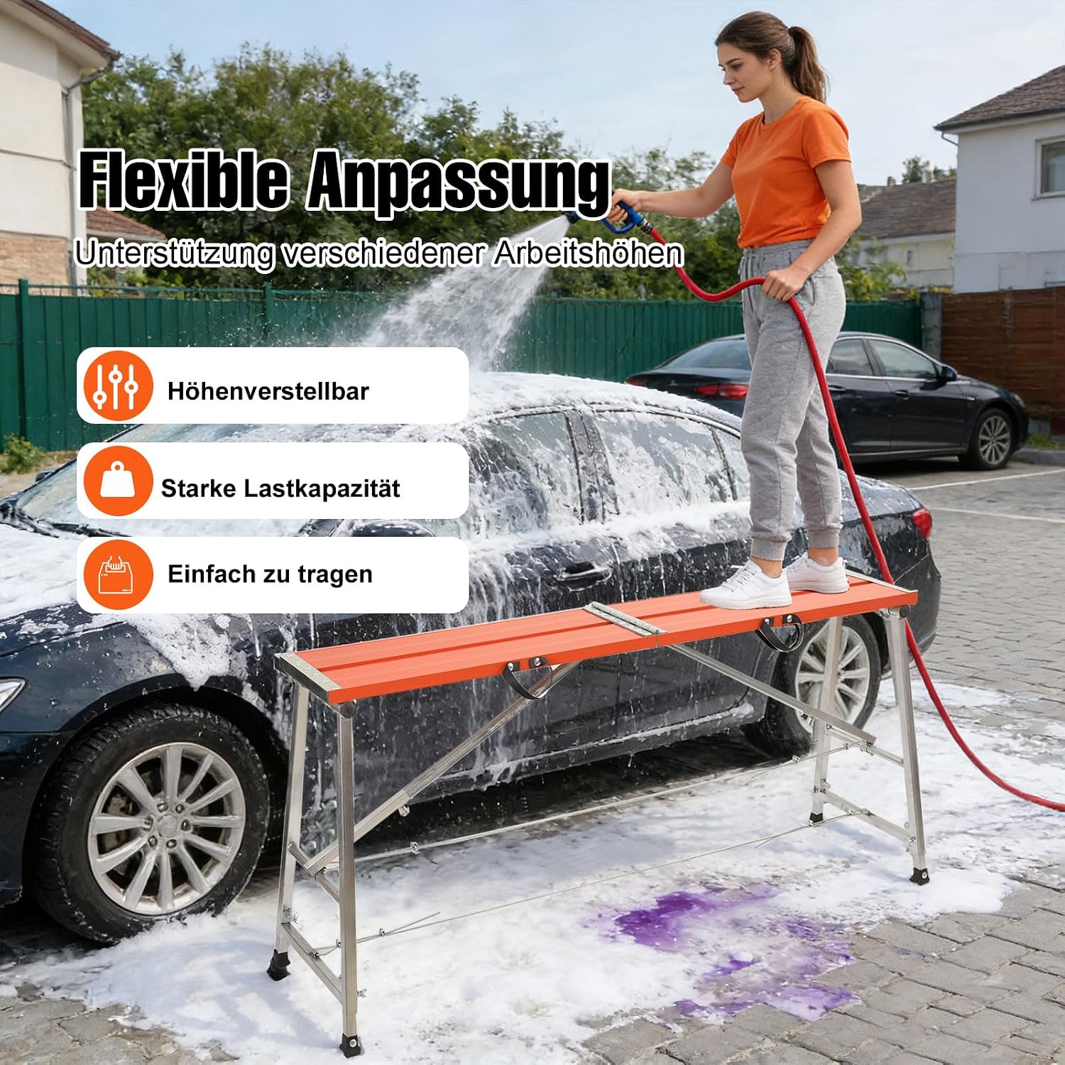 Faltbare Leiter, verstellbare Arbeitsplattform mit 660 lbs Tragkraft, Aluminium-Klappgerüstleiter, robuste tragbare Werkbank, 150 cm rutschfester Trockenbau-Malerei-Klapphocker für Reinigung und Waschen