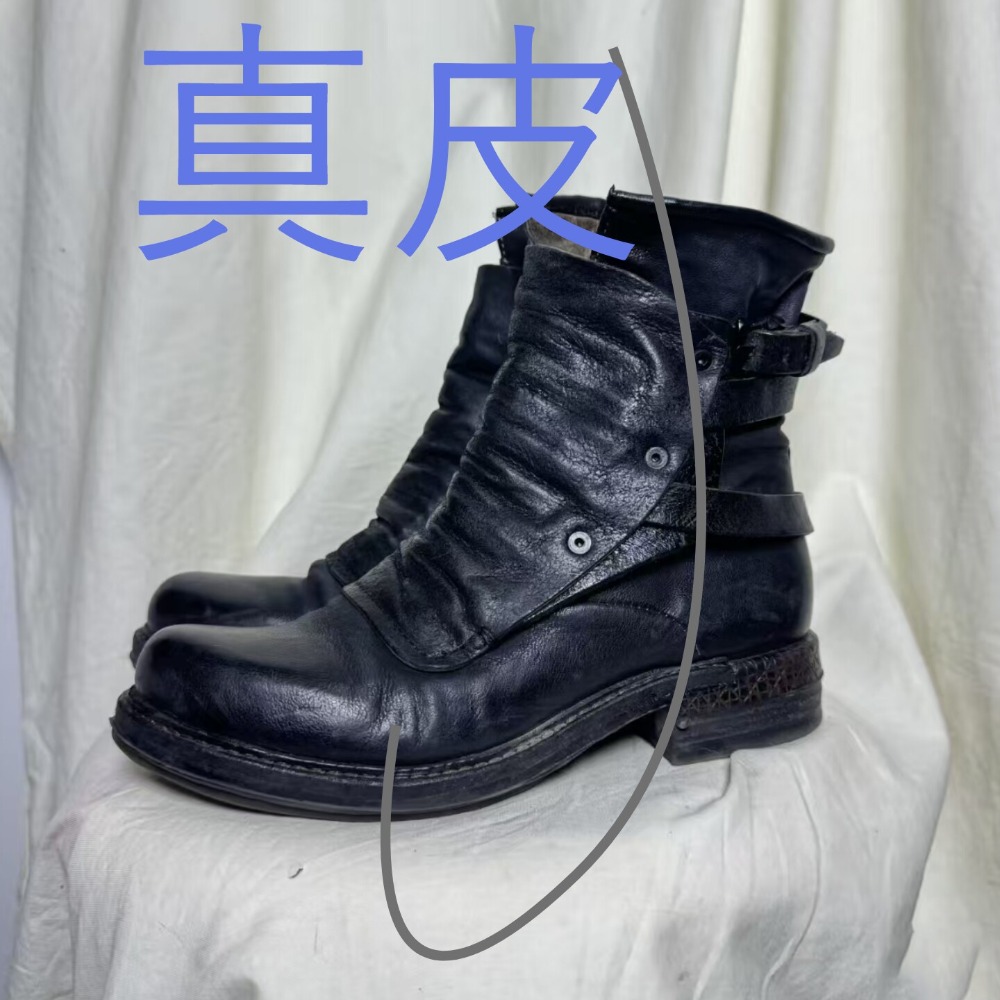 Stivali da Moto in Vera Pelle da Uomo alla Moda, con Cinturino e Fibbia, Stivali Retrò a Metà Polpaccio di Alta Qualità, Scarpe Eleganti con Suola Spessa