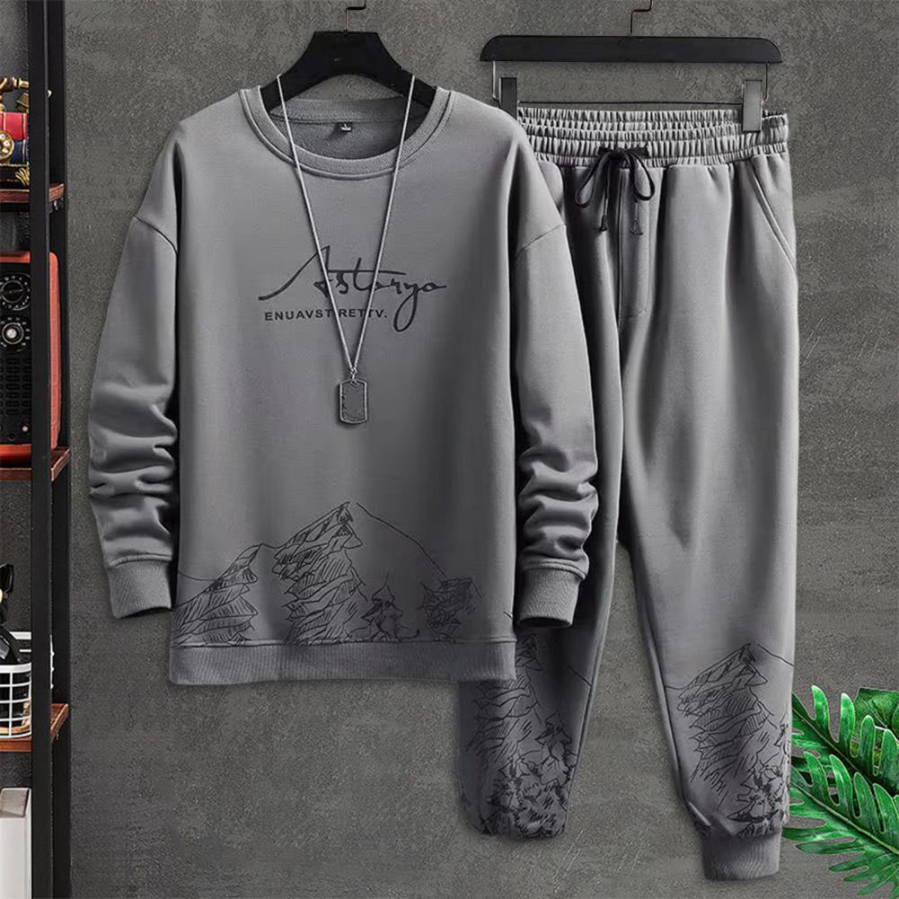 Chándal con estampado de montaña para hombre, Conjunto de sudadera con cuello redondo, pantalones de correr con cordón, Otoño e Invierno