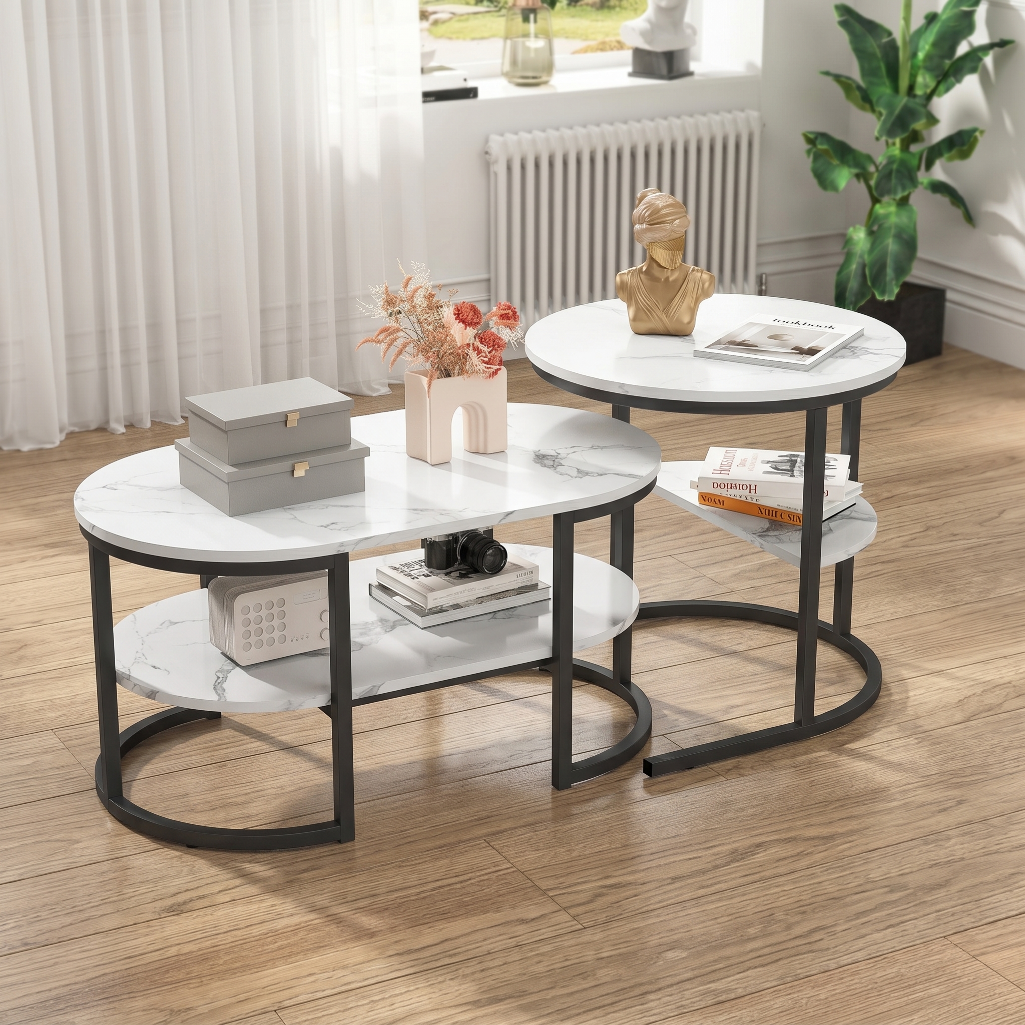 Superaly Couchtisch-Set mit 2 Tischen, 2-in-1-Tisch mit Stauraum, Moderner Sofatisch Couchtisch Rund und Oval in Marmor-Optik
