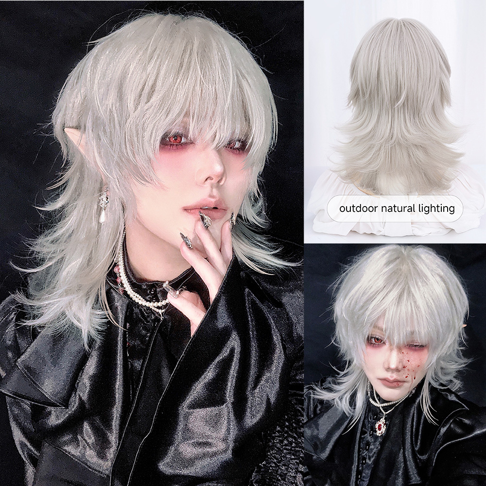 16 Polegada prata cor branca bonito peruca sintética com bang médio natural ondulado peruca de cabelo para homem ou mulher cosplay resistente ao calor