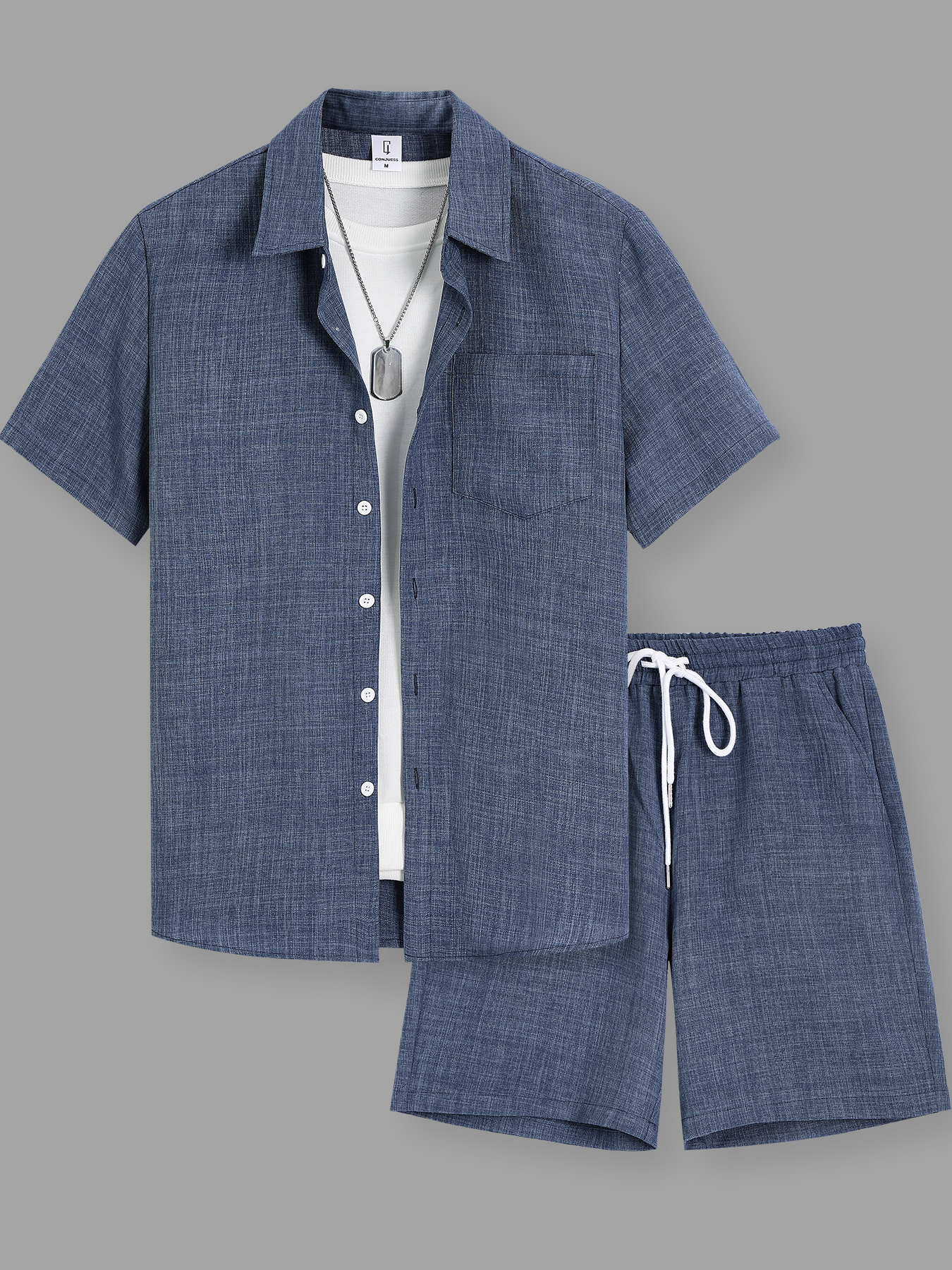 Completo Estivo da Uomo in Cotone e Lino, Camicia a Maniche Corte con Colletto e Pantaloncini, Set Due Pezzi Casual Comodo e Traspirante