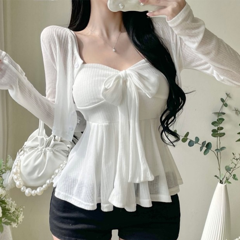 Dongdaemun – ensemble deux pièces coréen, débardeur Sexy avec nœud papillon + Cardigan court élégant de couleur unie, vêtements pour femmes, nouvelle collection 2026