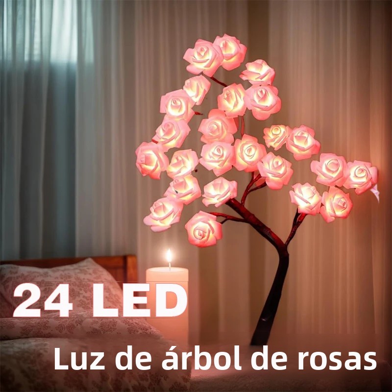 Lámpara de árbol de rosas de 24 LED, luz nocturna de flores de rosas alimentada por USB, Halloween, Navidad, Año Nuevo, decoración Ideal para dormitorio y mesa, regalo
