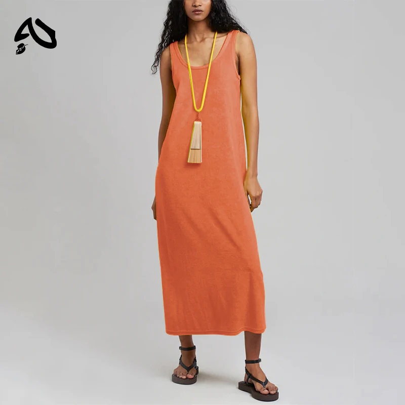Vestido Largo Verde de Verano para Mujer, 100% Algodón, Sin Mangas, Estilo Casual y Chic, Tipo A, para la Playa