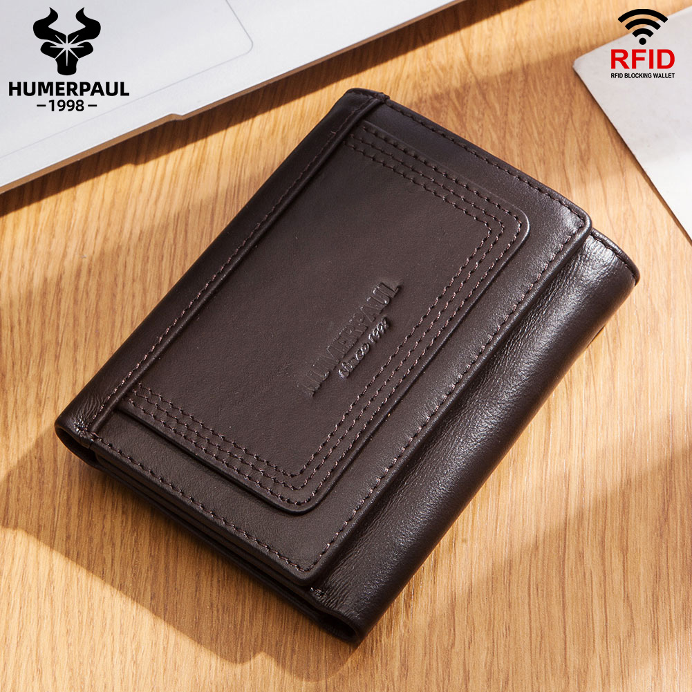 HUMERPAUL dompet pendek lipat tiga, untuk pria kualitas tinggi kulit asli ritsleting saku koin ramping pemegang kartu RFID tas uang