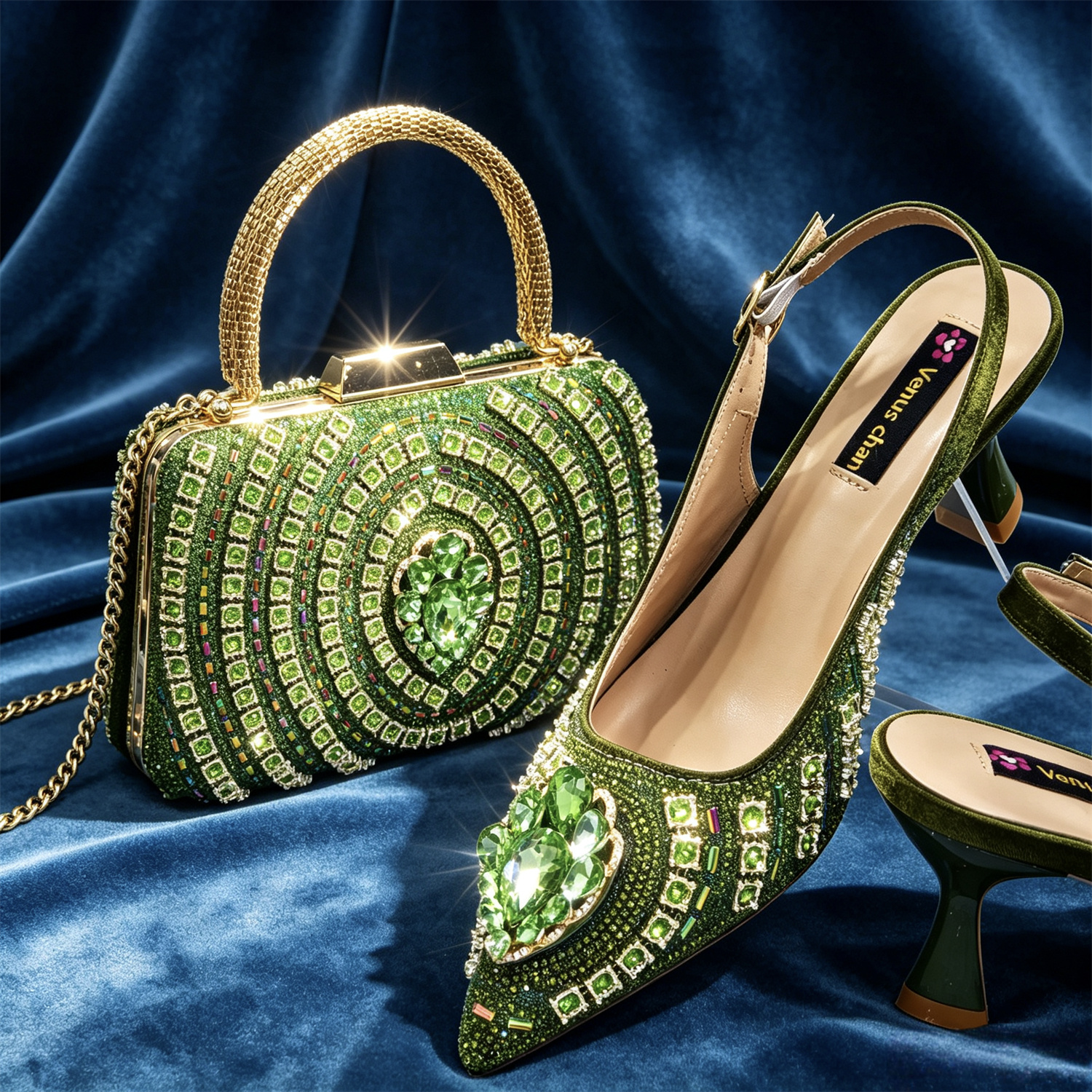Venus Chan 2026 Sandali Slingback Verde Oliva con Design a Farfalla Italiano e Punta Affusolata, con Borsa Abbinata - Set Elegante Perfetto