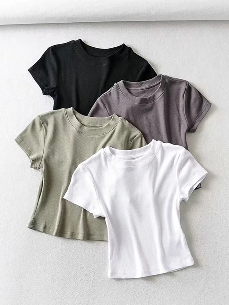 Sommer sexy Frauen O-Ausschnitt Kurzarm T-Shirt schlanke elastische dünne Crop Tops