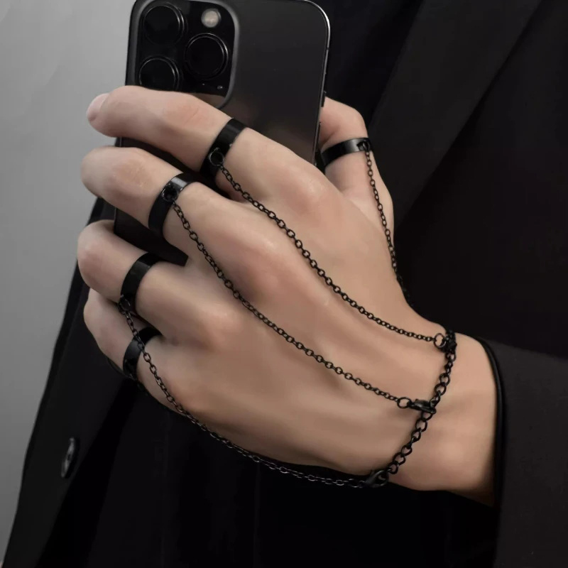 Anello da polso con catena di colore nero geometrico punk per donna Uomo Anello aperto Catena a maglie in argento Gioielli di moda dal design accattivante per ragazze