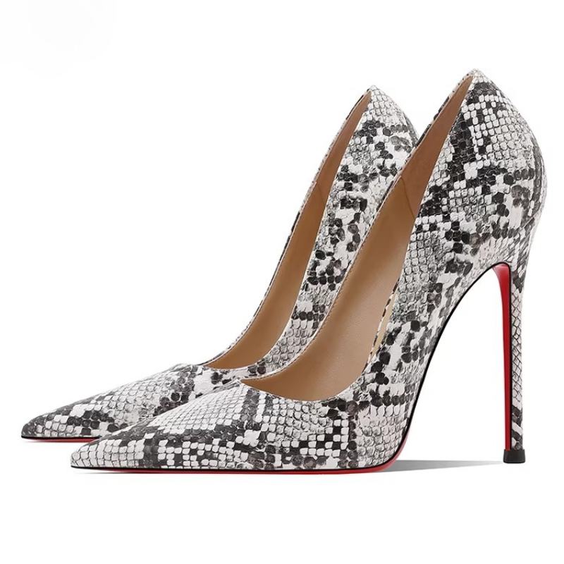 Novidade em Moda para Comércio Exterior: Sapatos Femininos de Salto Super Alto Fino, Bico Fino, com Estampa de Cobra, Decote Leve e Sensuais