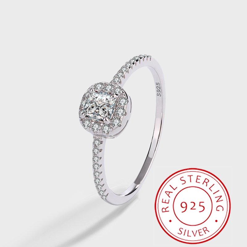 Autêntico anel de diamante completo S925 prata, zircônia pequena do açúcar, clássico e versátil, elegante e simples